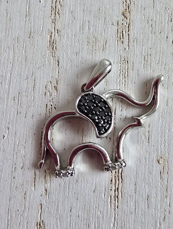 Jewelry - Diamond and Treated Black Diamond Accent Elephant Sterling Silver Pendant
